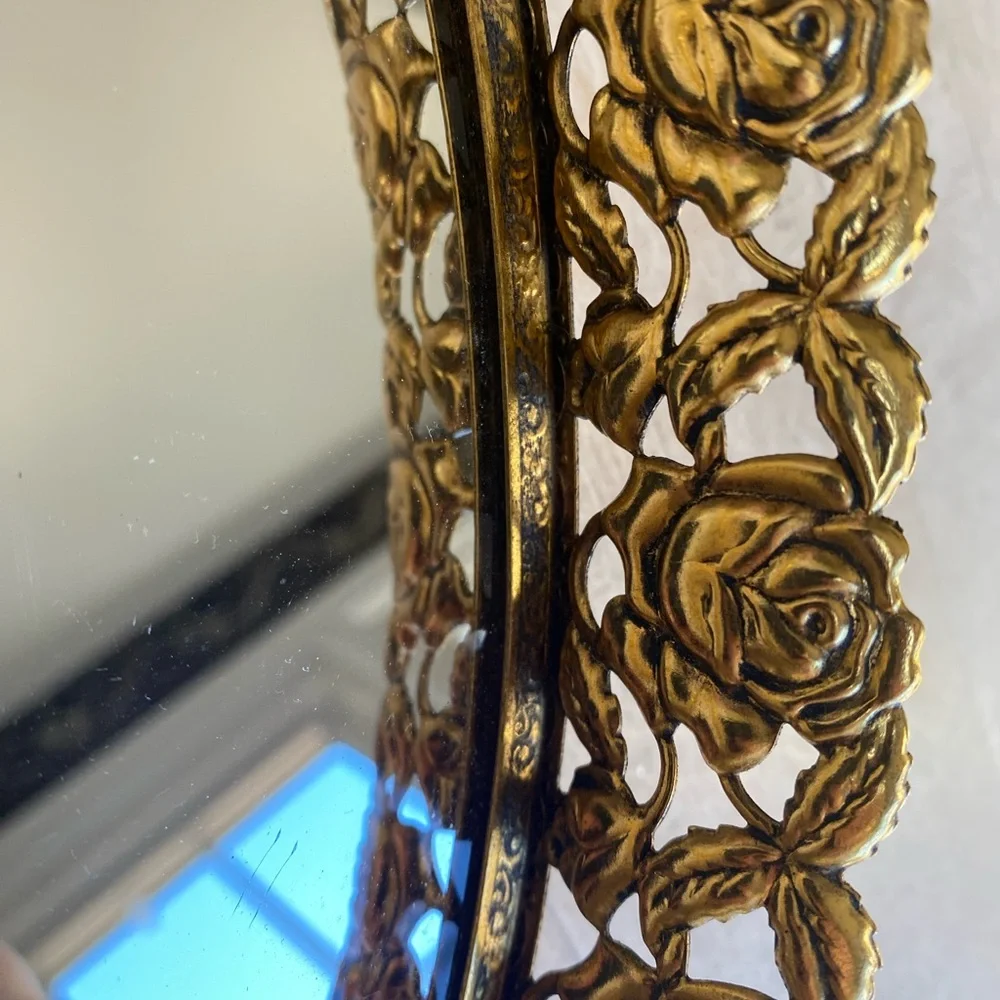 Vintage Oval Vanity Tray Gold Filigree with Rose Pattern Mirrored 12” x 8.75”
